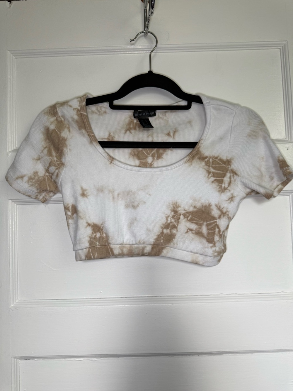 Streetwear Society Ribbed Scoop-Neck Beige & White Tie-Dye Crop Top Y2K Earthy S